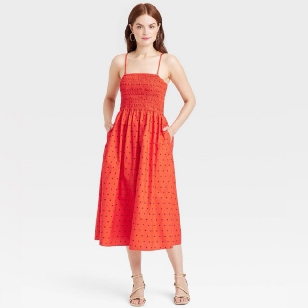 a new day Red Polka Dot Smocked Midi Dress
